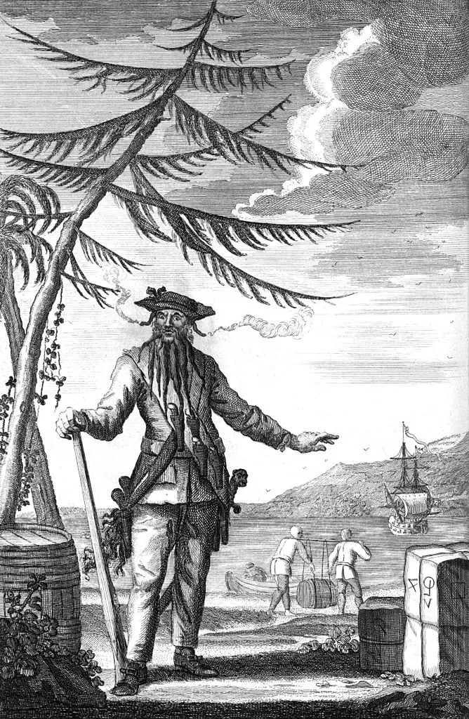 Black and white illustration of Blackbeard.