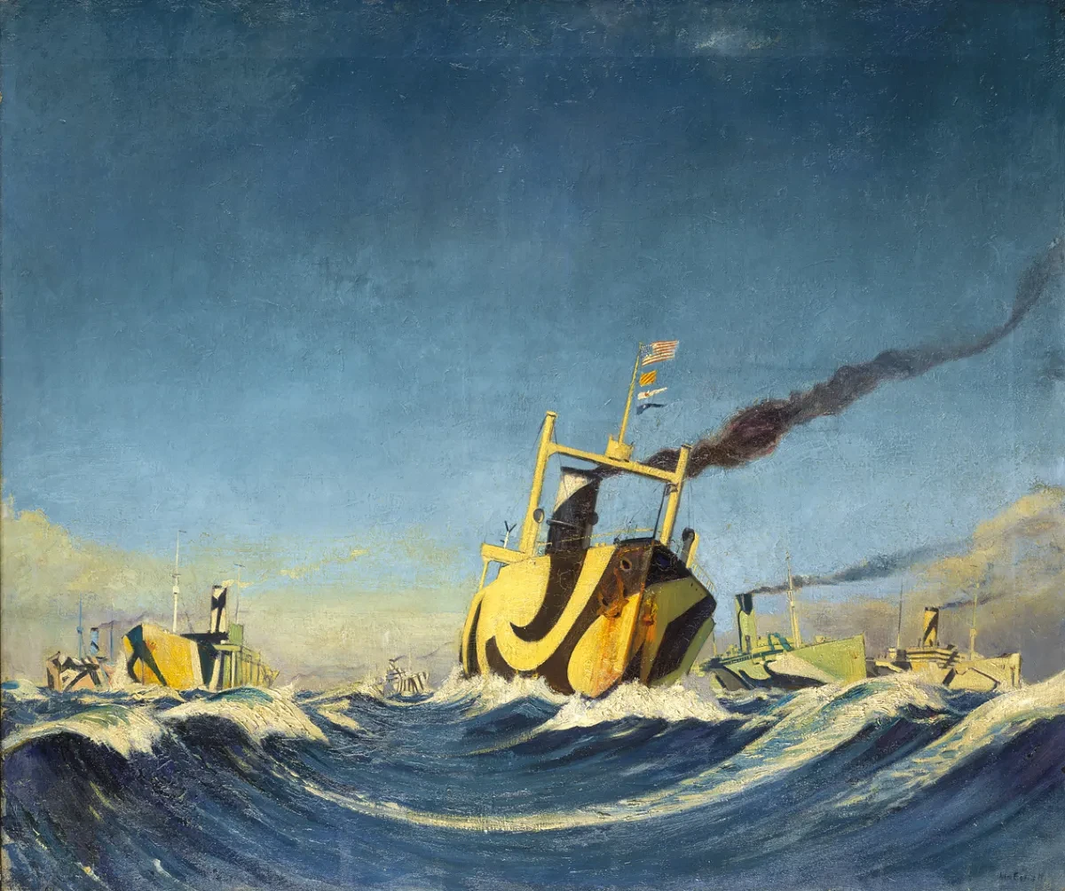 Ships painted with camouflage plying ocean waves