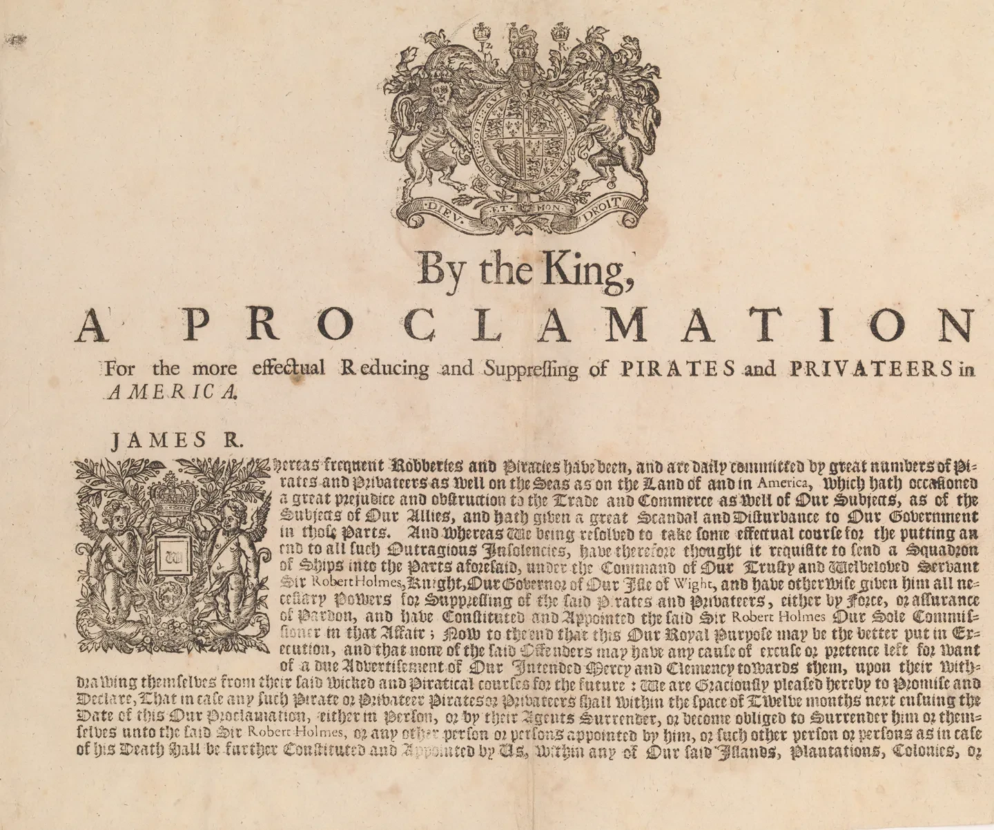 Historic document with a royal seal at the top, and the title: 'By the King, A PROCLAMATION for the more effectual reducing and suppressing of PIRATES and PRIVATEERS in AMERICA'