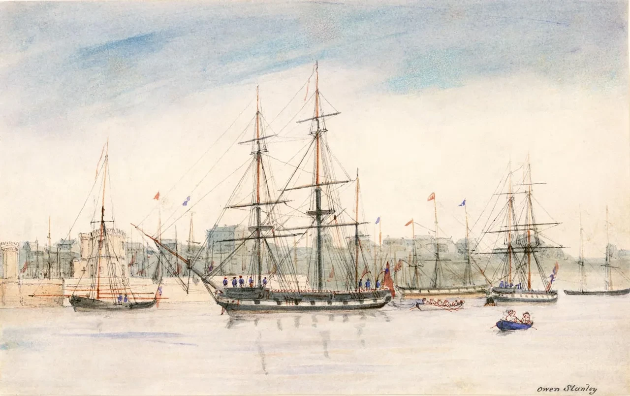 Painting of ships with tall masts in a harbour.