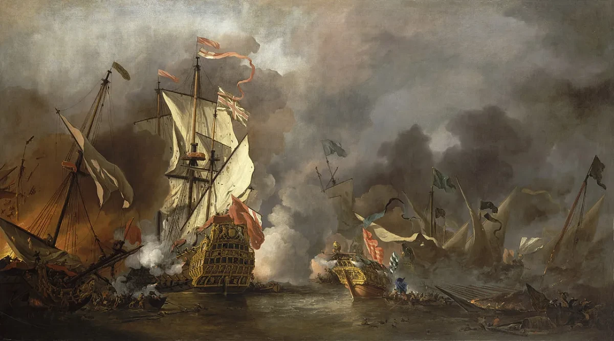 An English ship, on the left, battles with a ‘Barbary’ ship and two galleys. Smoke fills the sky and the gunfire, which reflects in the sea, illuminates the sails of the ships and their flags.