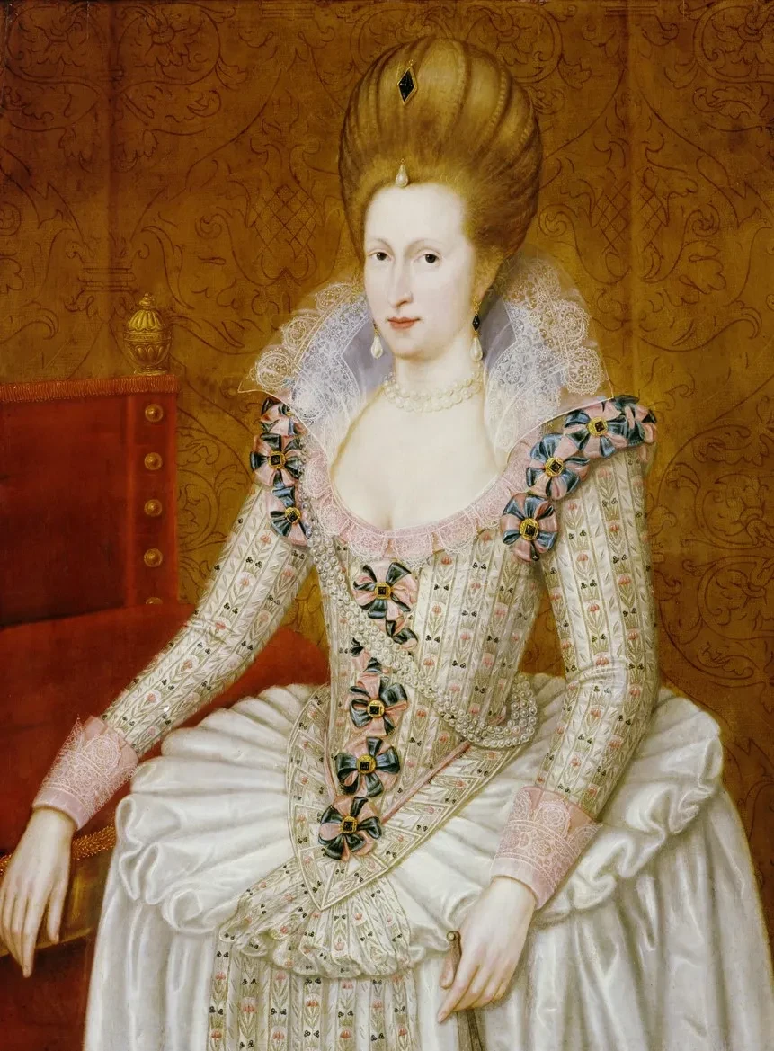 Painting of Anne of Denmark in a white dress.