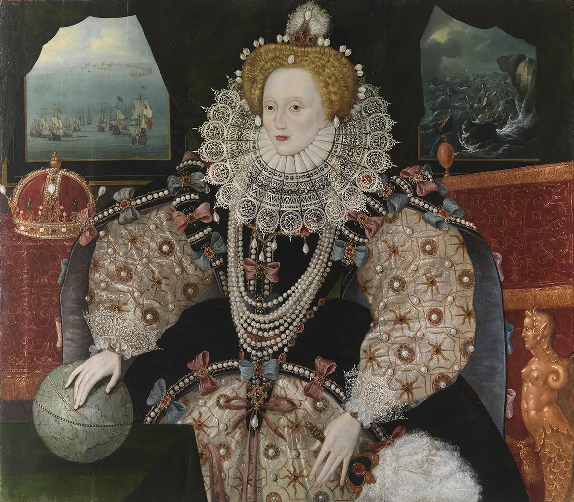 The Armada Portrait of Queen Elizabeth I resting her hand on a globe.