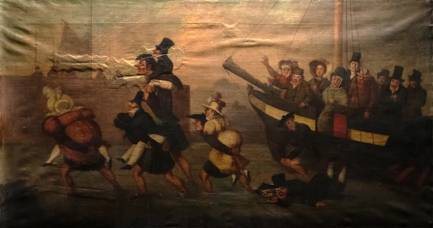 The oil painting 'The paddle steamer "Rob Roy" aground' seen under raking light. The bumps and warps in the canvas are clearly visible thanks to the light passing over the surface