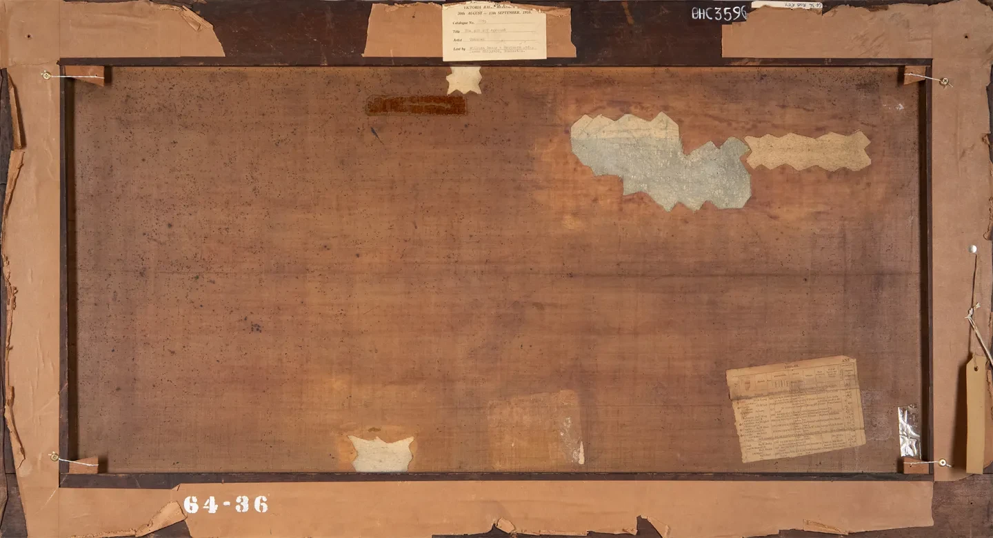 A rear view of the painting. The brown back of the canvas and frame is punctuated with patches of white repairs, plus a label from a previous display