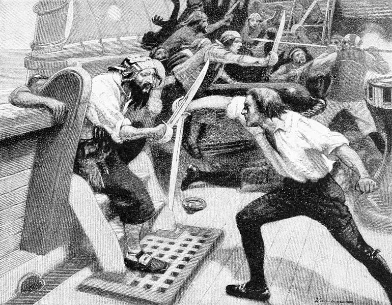 Black and white illustration of pirates boarding a ship and engaging in a sword fight with the men on the ship