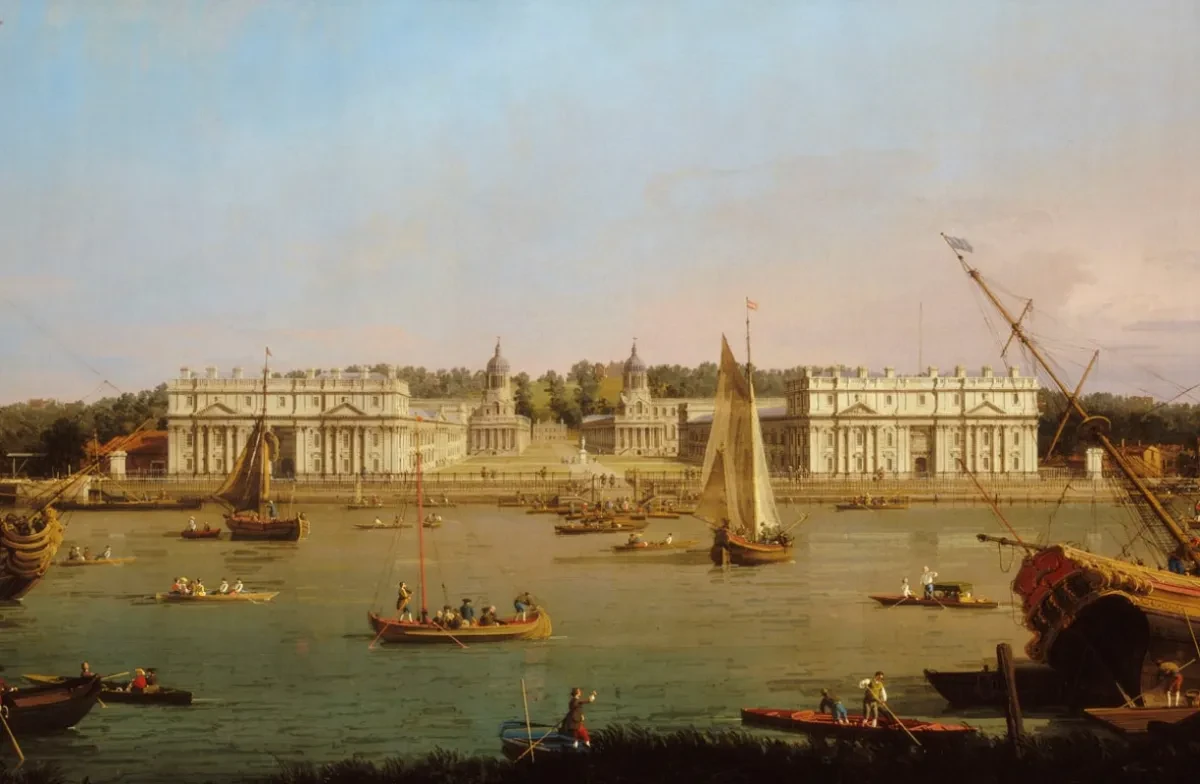 Painting of boats on the Thames in front of Greenwich Hospital.