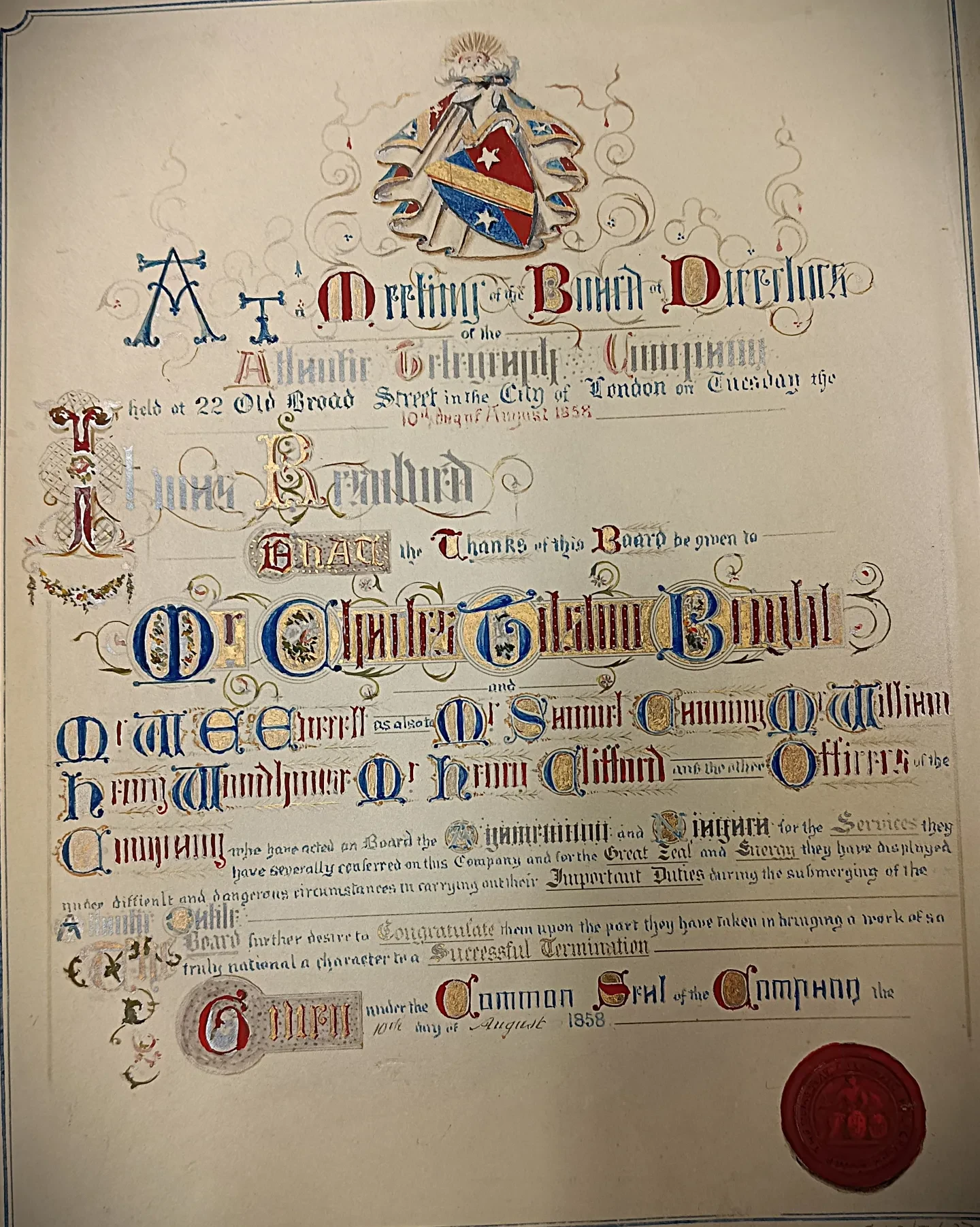 Image of a certificate received by Henry Clifford for his work on the transatlantic cable