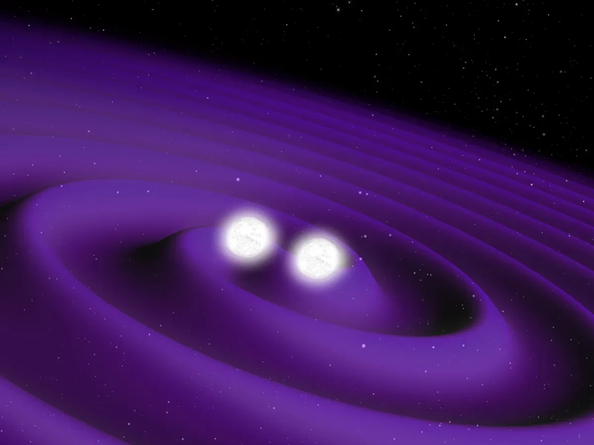 An artist impression of two neutron stars colliding and producing gravitational waves.
