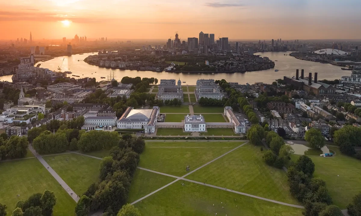An aerial view of Royal Museums Greenwich at sunset.