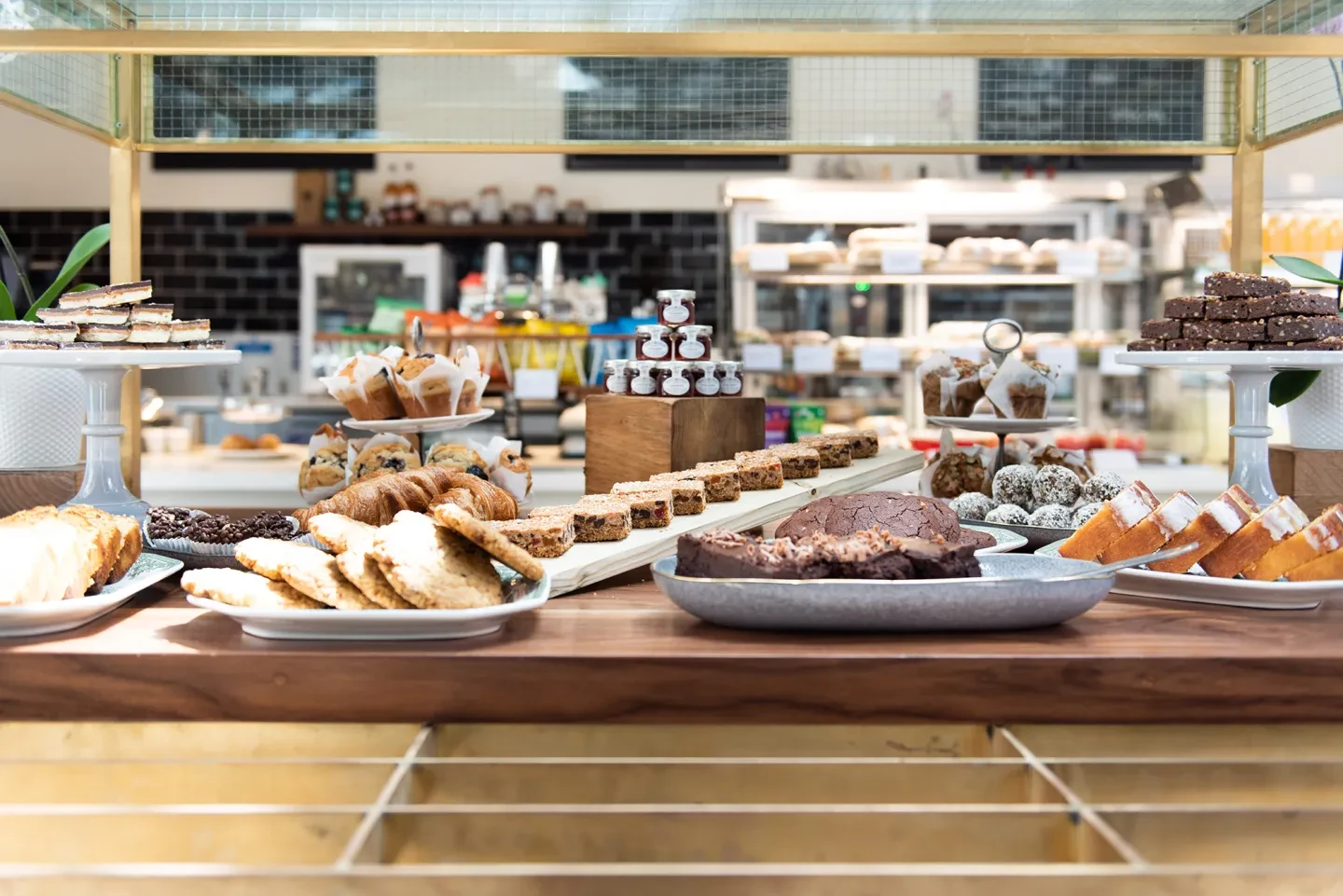 A selection of cakes on the café counter.