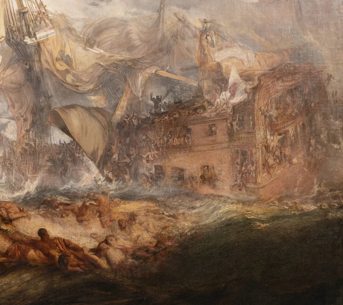 Detail of sailors trying to escape the sinking Redoutable from Turner's 'The Battle of Trafalgar'