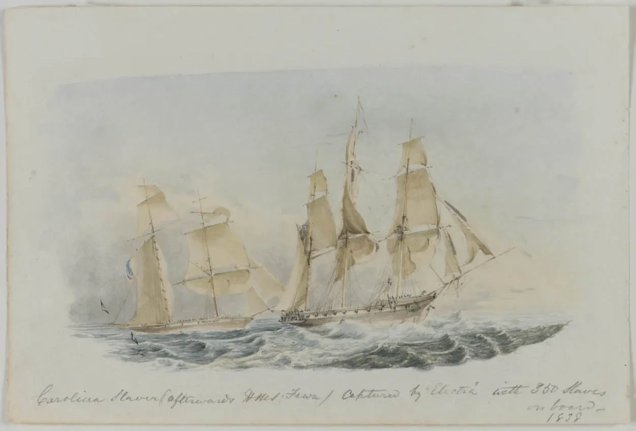 Watercolors of two ships with tall sails at sea