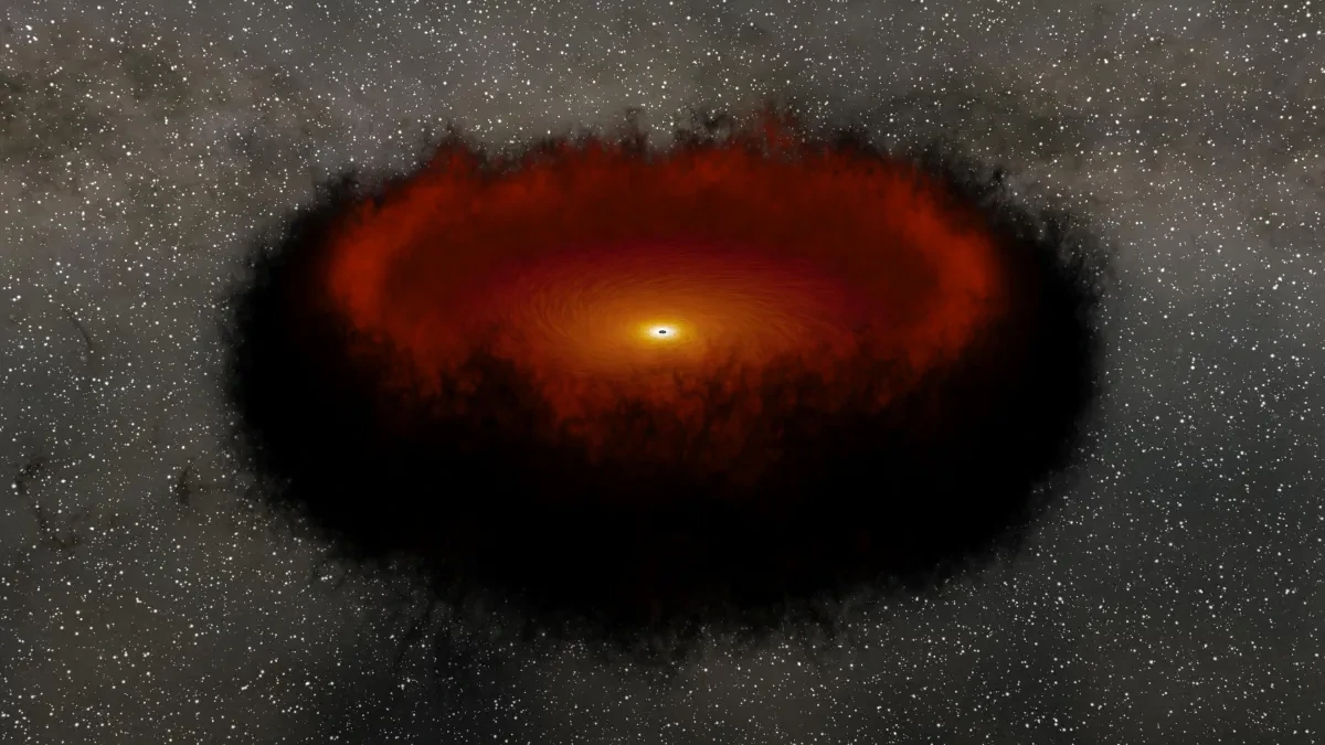 Visualisation of a supermassive black hole surrounded by a disk of material called an accretion disc