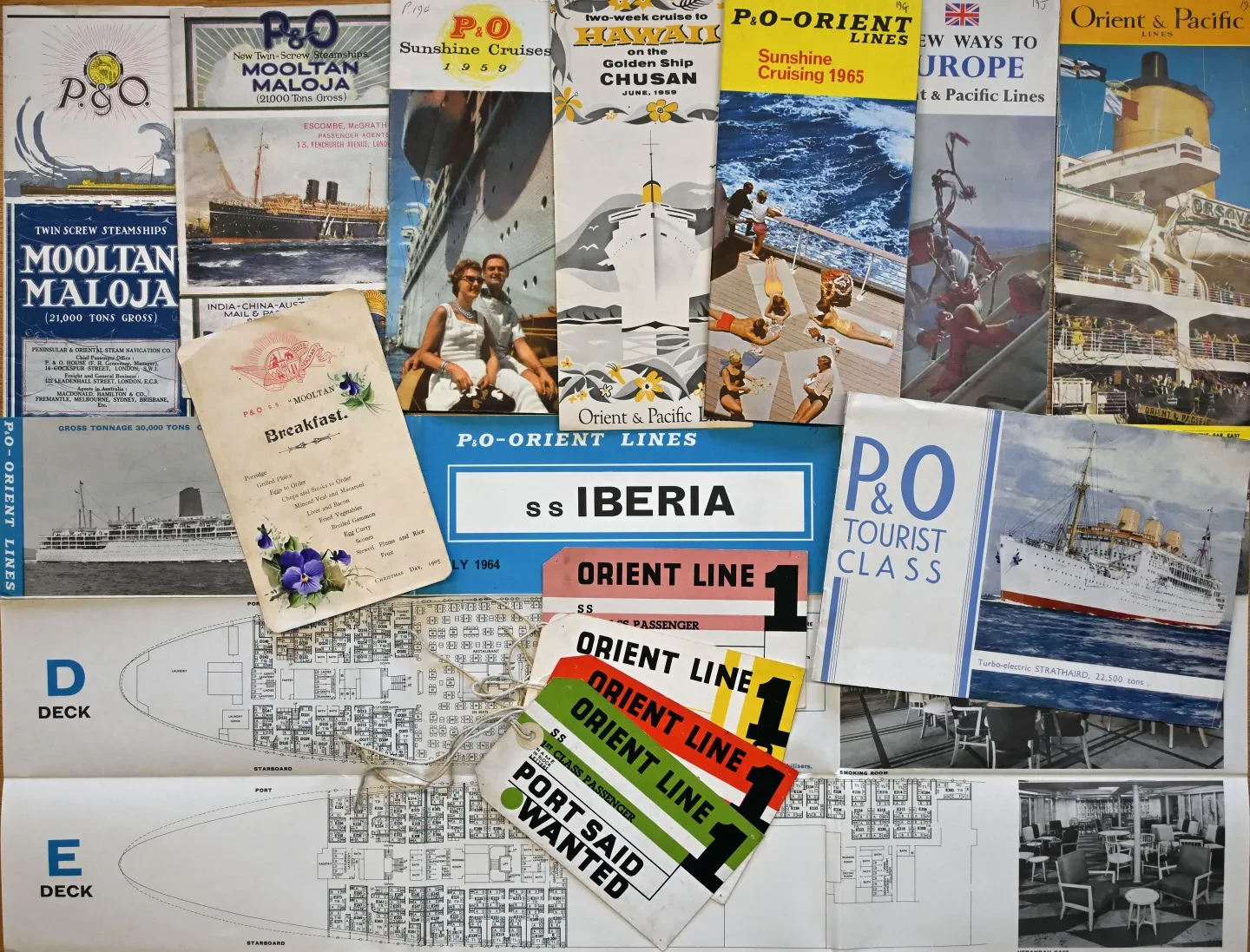 A selection of shipping company brochures including P&O, menu cards, and tickets