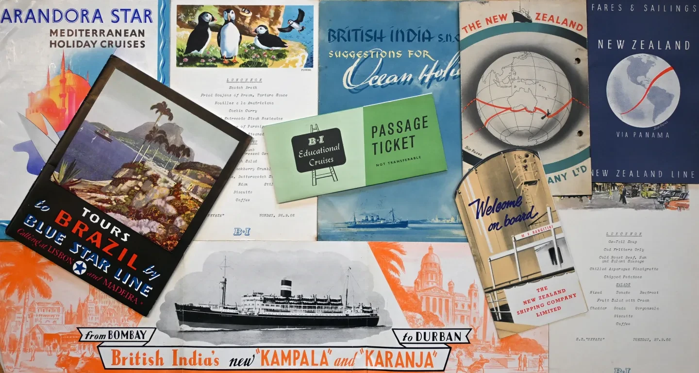 Brochures for British India and Blue Star lines advertising routes to Brazil and New Zealand to 