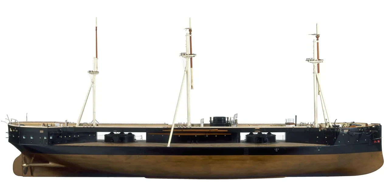 Scale model of the battleship HMS Captain. There are what appear to be gaps in the hull to allow space for the ships innovative gun turrets