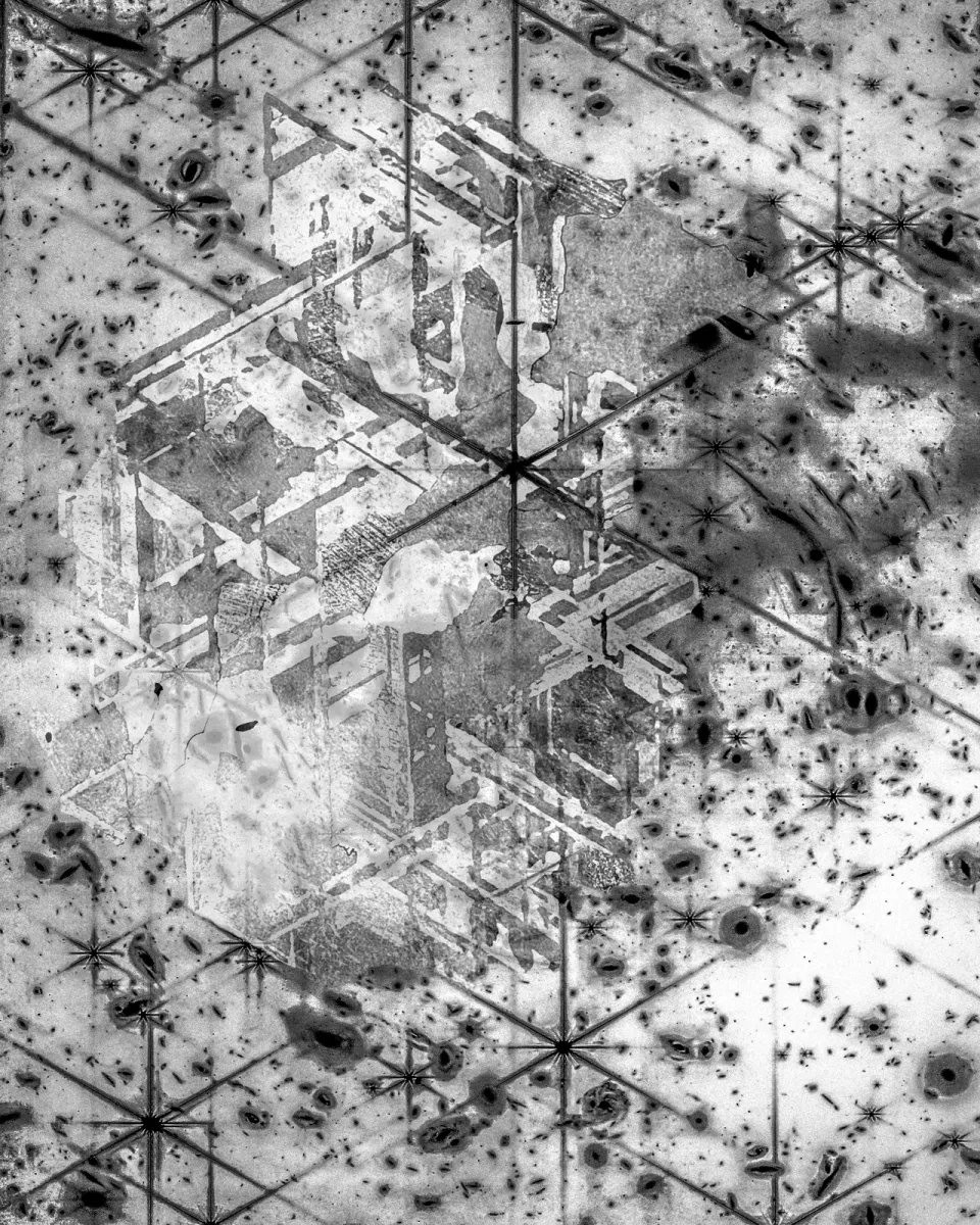 Black and white abstract image of geometric squares to represent distant galaxies captured by the James Webb Space Telescope
