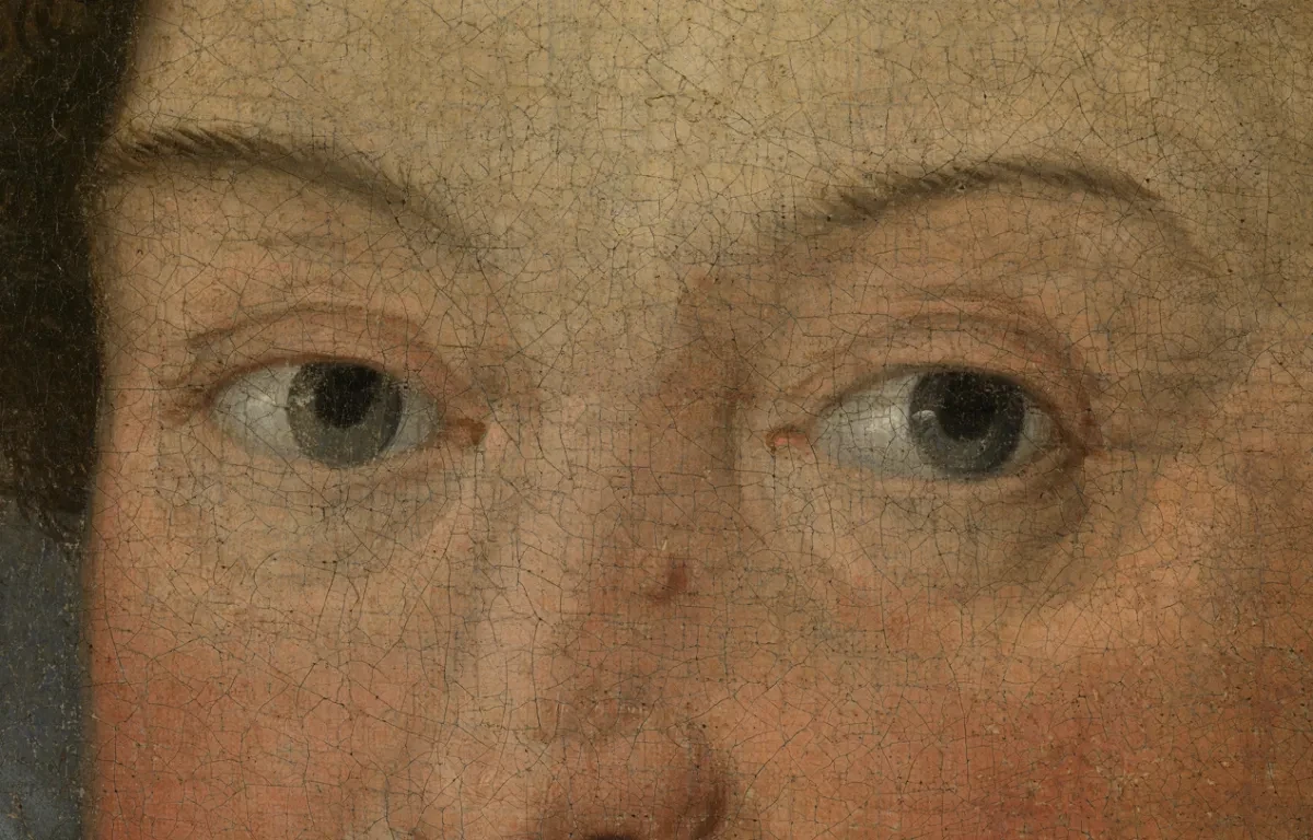 A close-up of a painting of Sir Francis Drake showing his eyes
