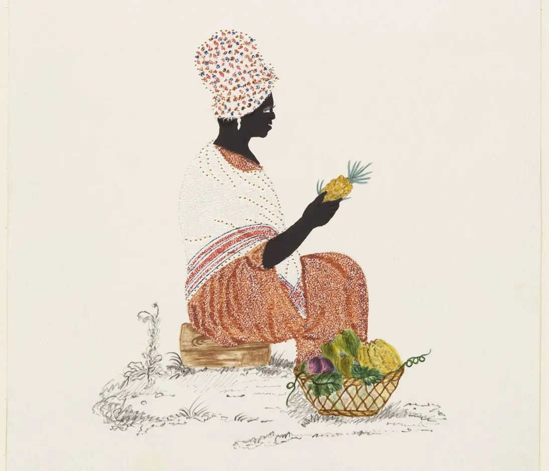 Watercolour of a woman sitting on the floor holding a pineapple with a fruit basket next to her