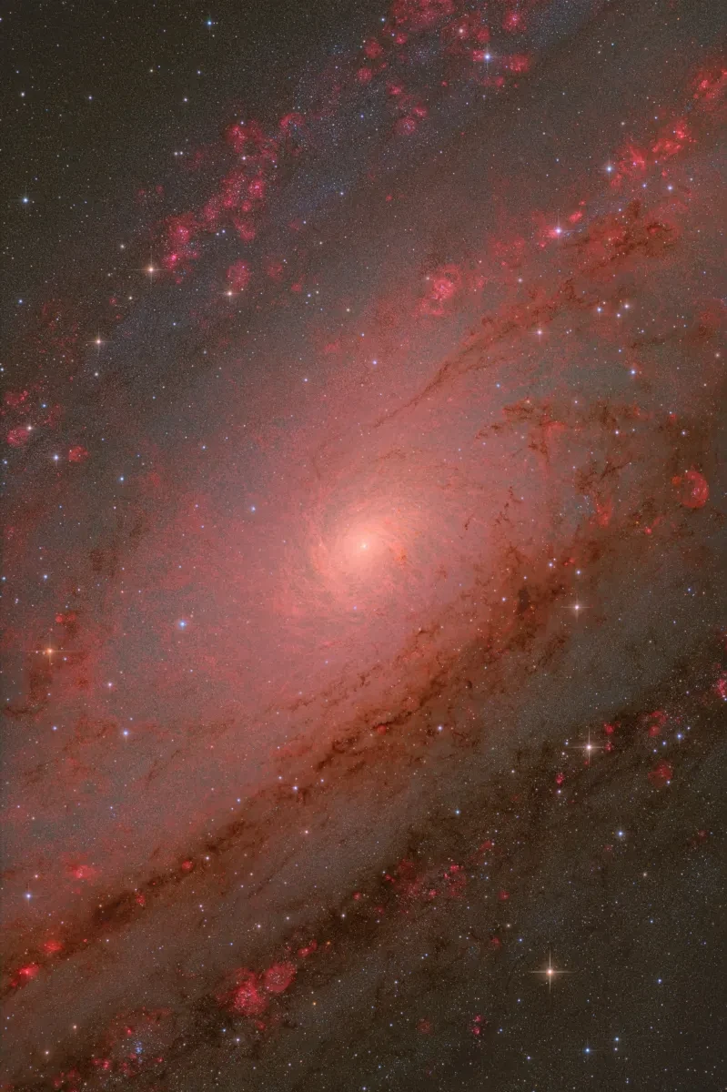 Bright red H-alpha emissions in a swirling galaxy.