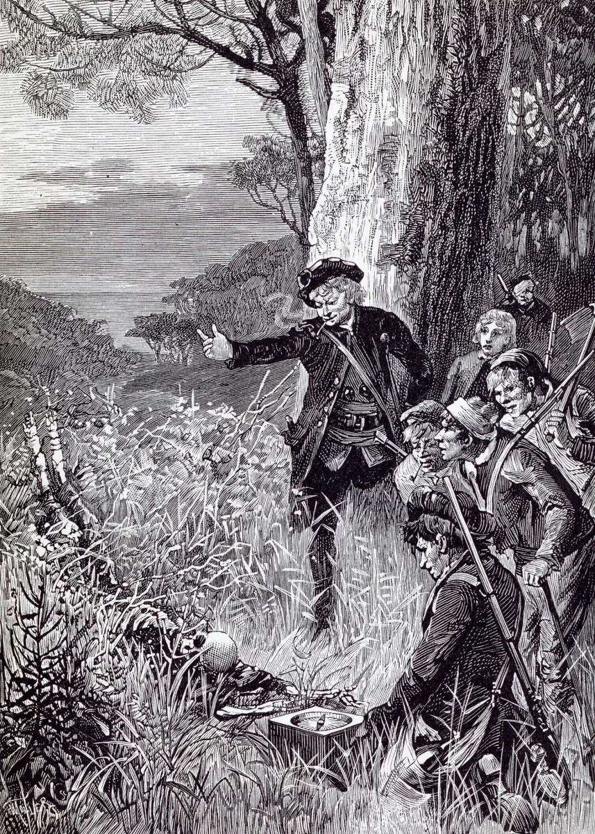 Black and white illustration from an edition of Treasure Island. The scene shows Long John Silver and the pirates as they discover what they believe to be buried treasure