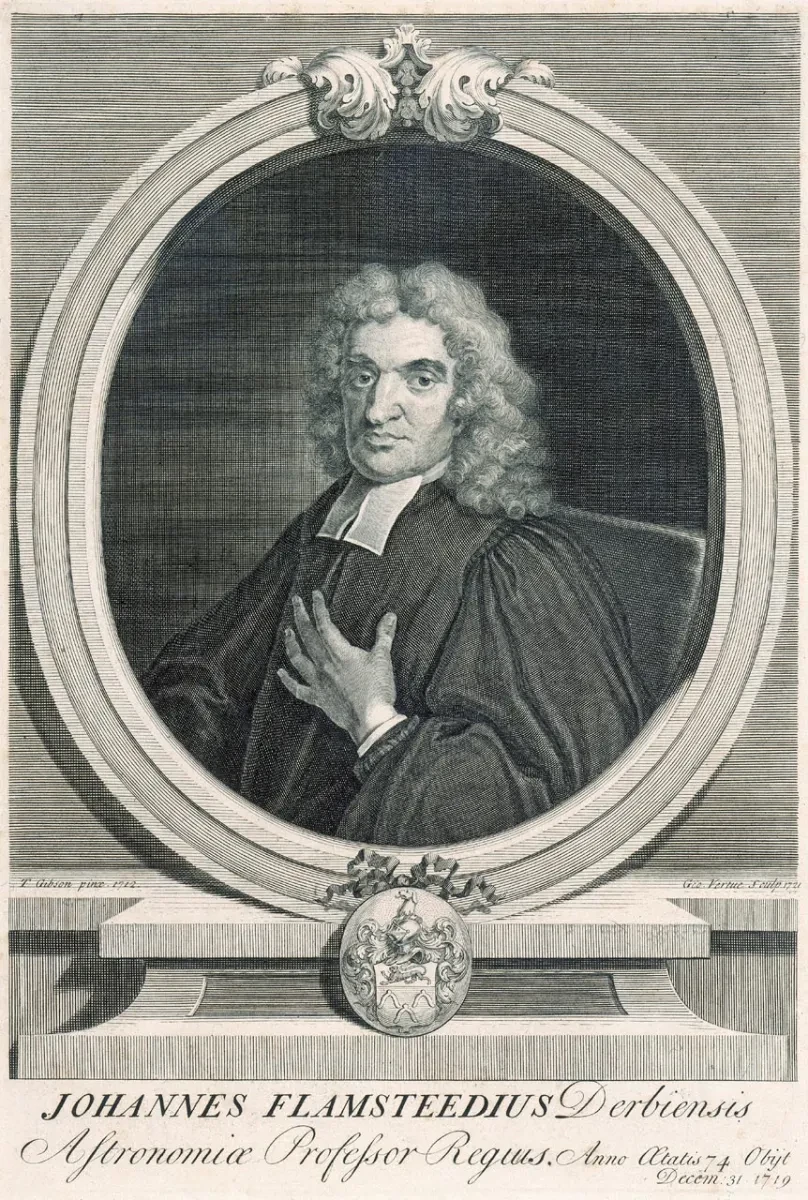 Engraved portrait of John Flamsteed in a wig and gown.