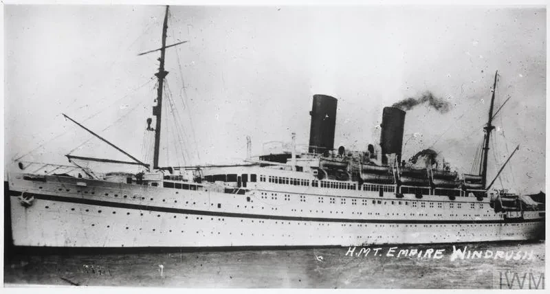 A black and white photograph of HMT Empire Windrush