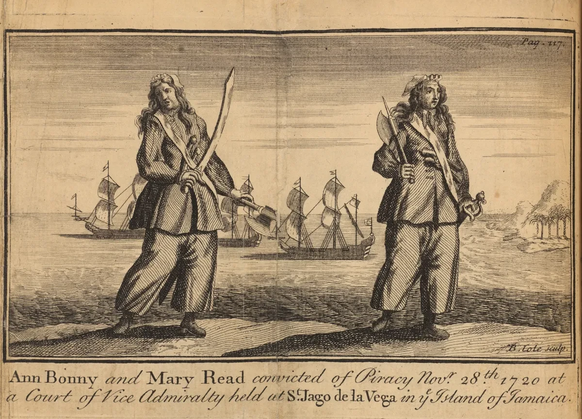 Print of pirates Anne Bonny and Mary Read holding weapons with ships behind them
