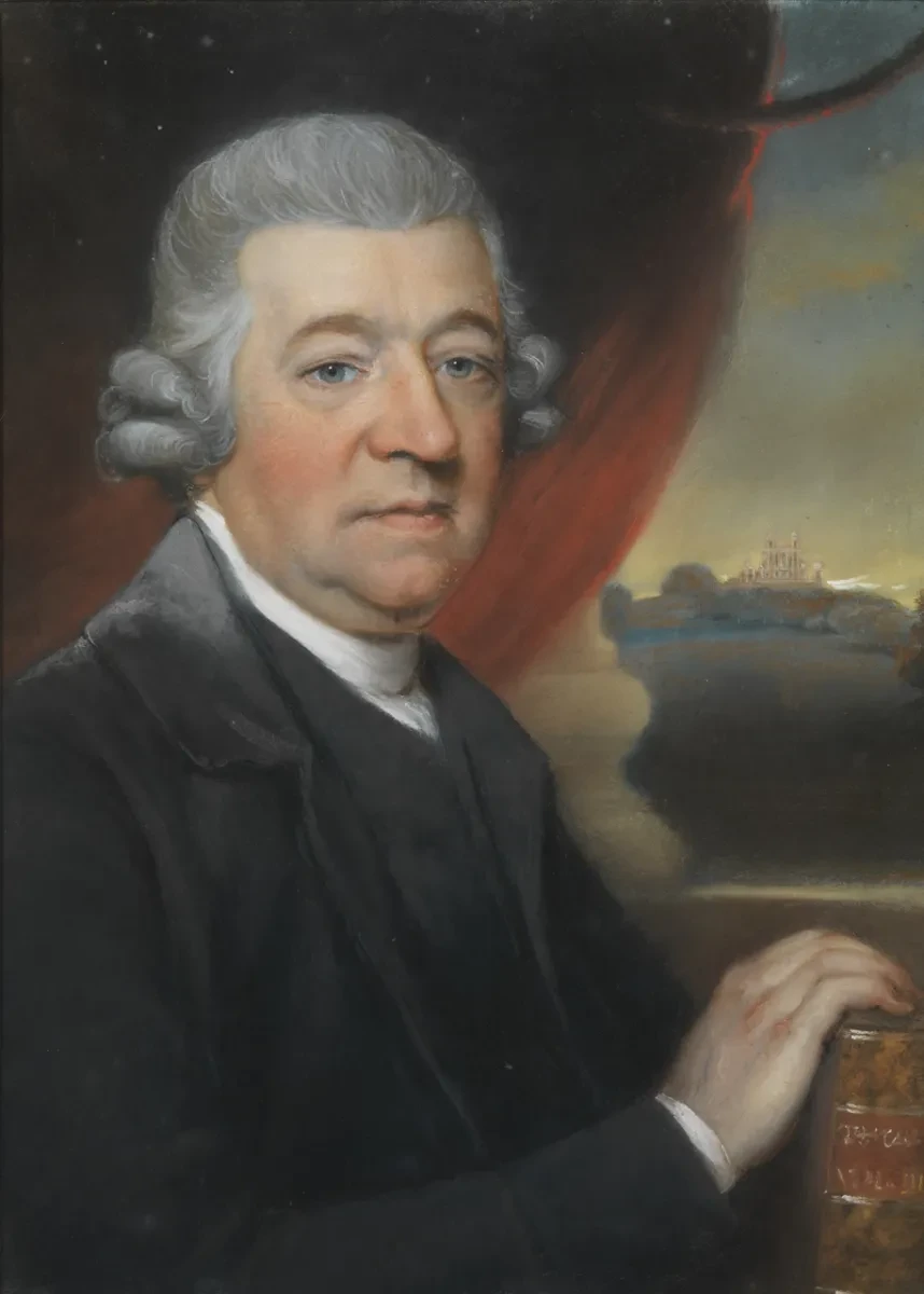 Portrait of astronomer Nevil Maskelyne in a short wig, by a window overlooking Flamsteed House. 