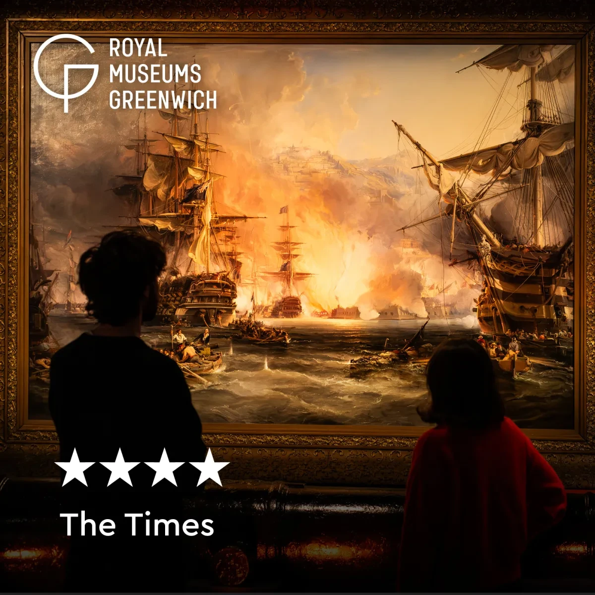 Two people look up at a painting in the Pirates exhibition at the National Maritime Museum. Overlaid is a four-star review from The Times, with four stars in a row in the bottom left corner followed by the name of the publication