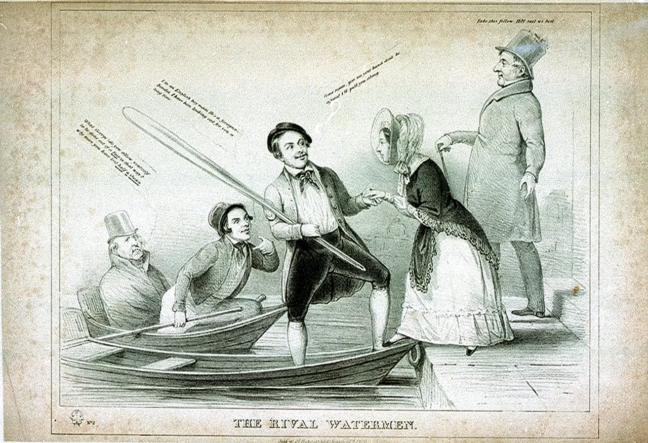 Drawing of a woman and three men, one holder her hand