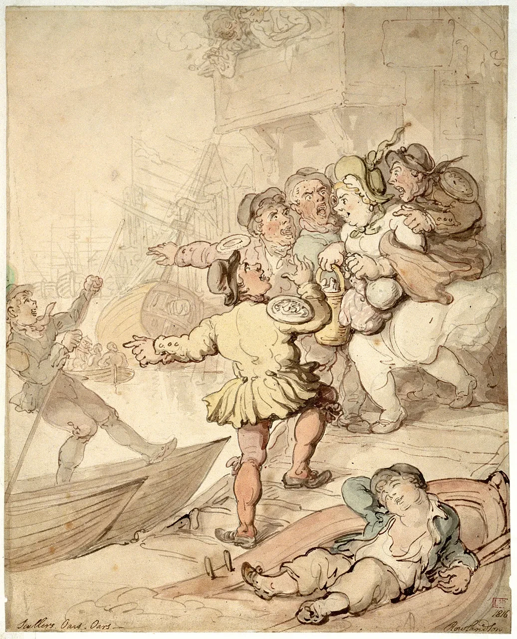 Drawing of a woman being assailed by a group of men