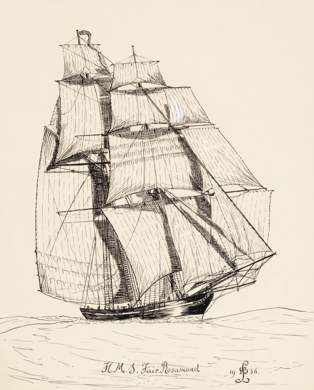 Uncoloured Illustration of a ship at sea with large billowing sails