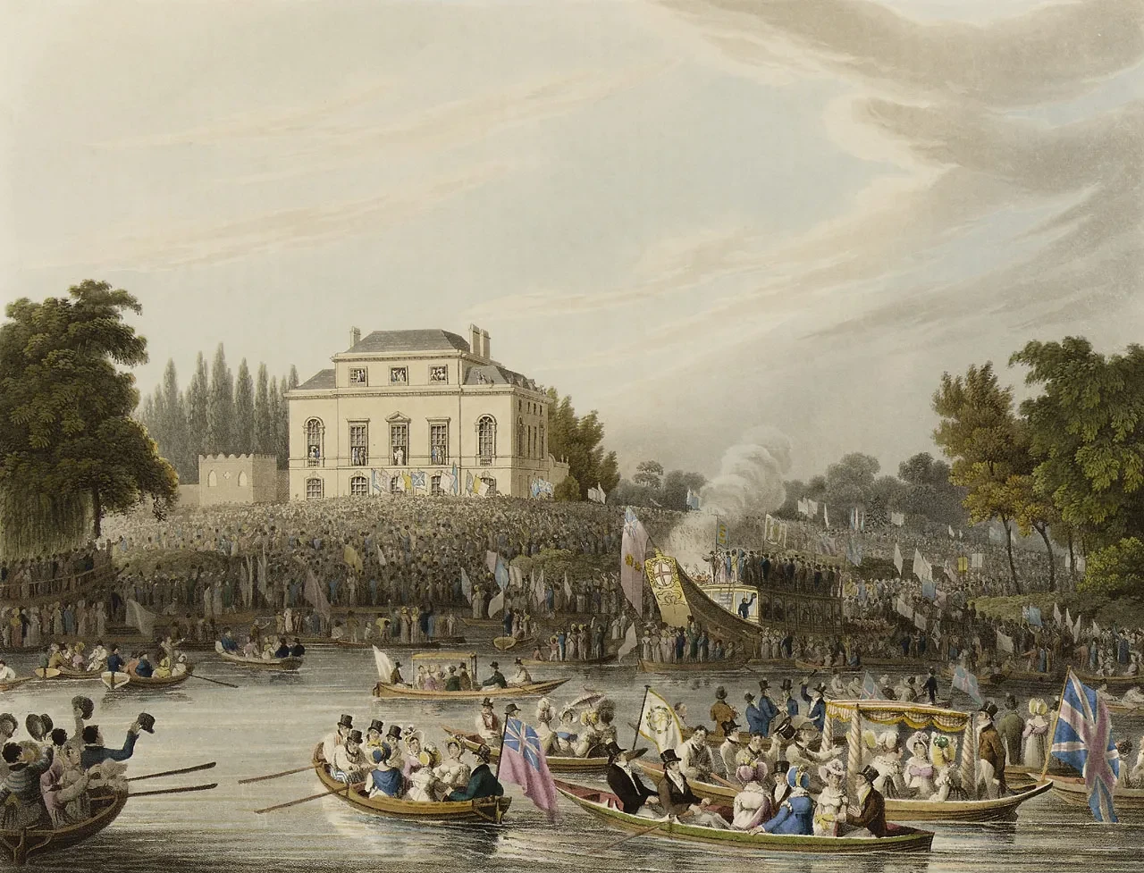 Painting of boats and crowds in front of a stately home