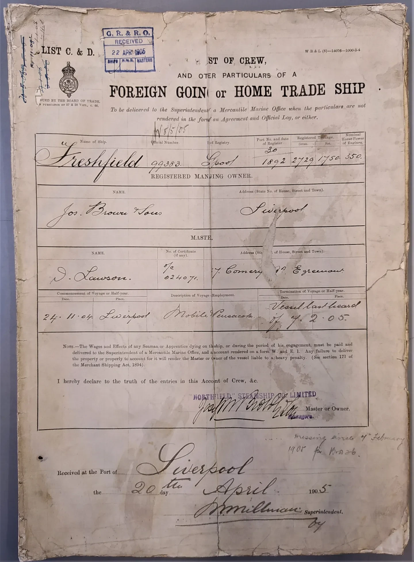 Front page of a crew list for Freshfield