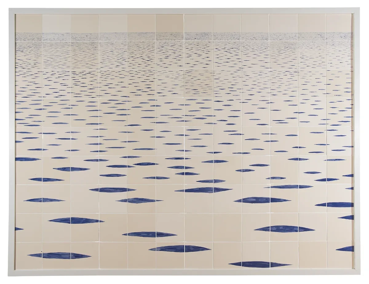 Kovats' painted ceramic tiles with blue marks.