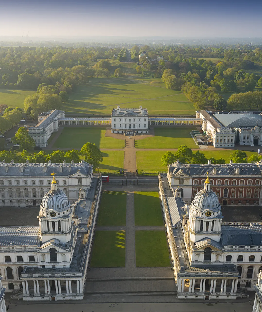 An aerial view of the Queen's House, Old Royal Naval College and Greenwich Park on a sunny day