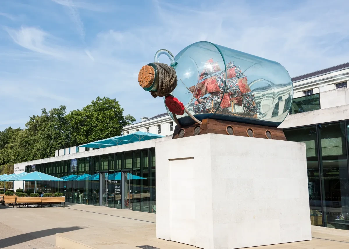 Ship in a Bottle sculpture outside the National Maritime Museum entrance