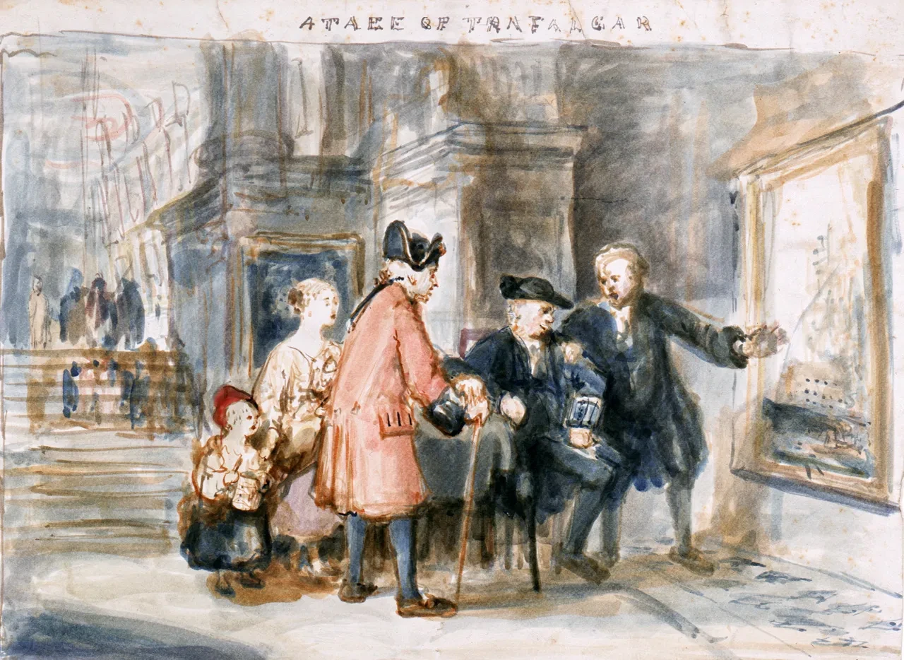 Two Greenwich Pensioners stand and discuss Turner's The Battle of Trafalgar painting on display in the Painted Hall in Greenwich