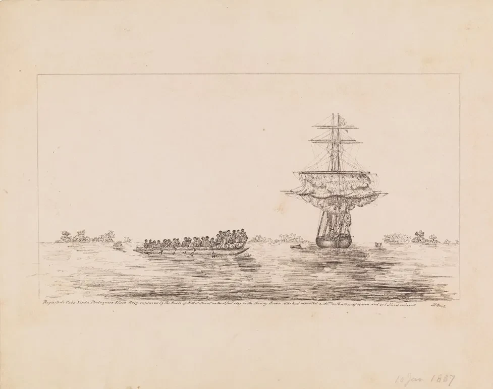 Line drawing of a large masted ship at sea with a rowing boat full of people to its left