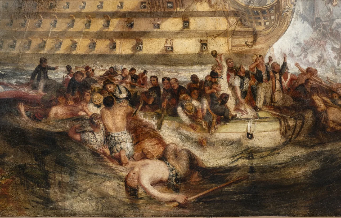 Detail of The Battle of Trafalgar by Turner, showing a sailor caught in spars and rigging, while others scramble to find safety in small boats