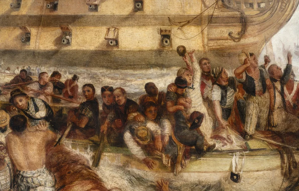 Detail from Turner's 'The Battle of Trafalgar' showing a group of struggling seafarers