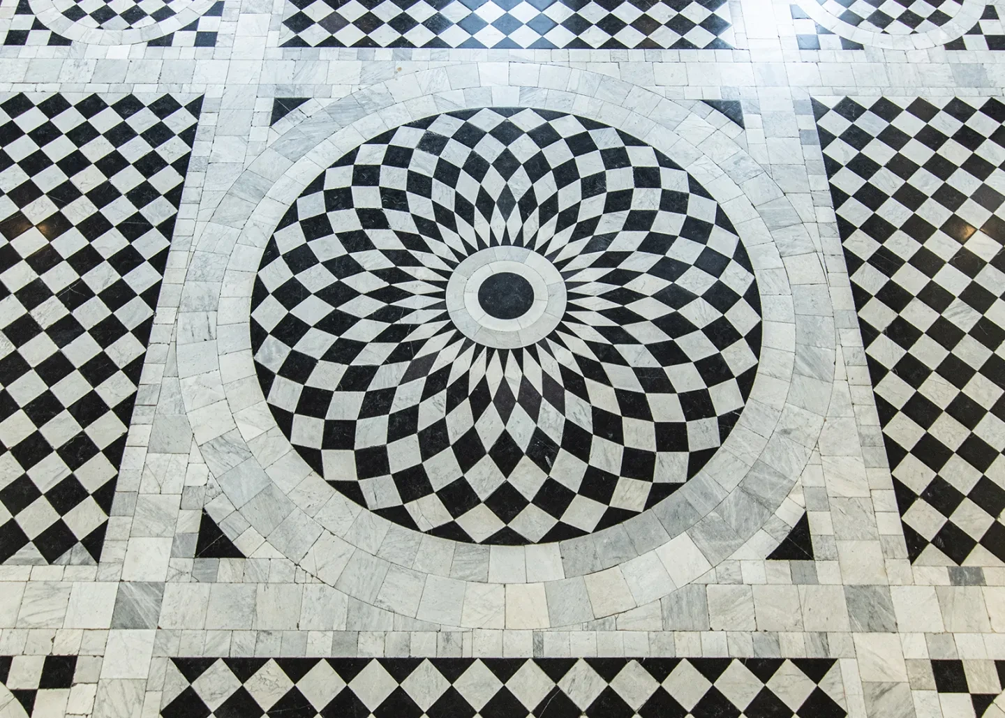 Black and white checkerboard floor of the Great Hall in the Queen's House