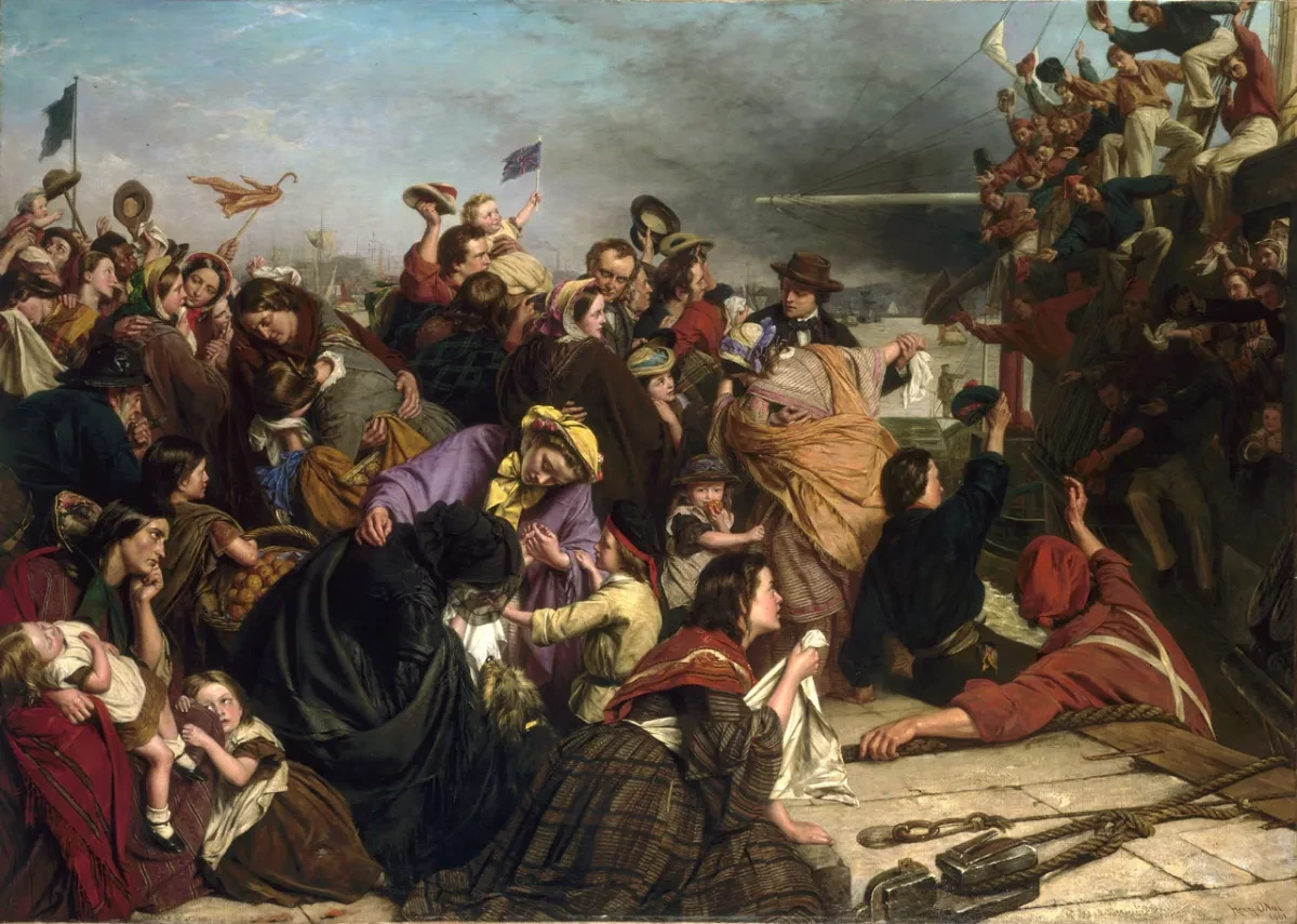 Groups of figures, in a mix of gender and social class, are shown on the quayside as an emigrant ship departs on the far right