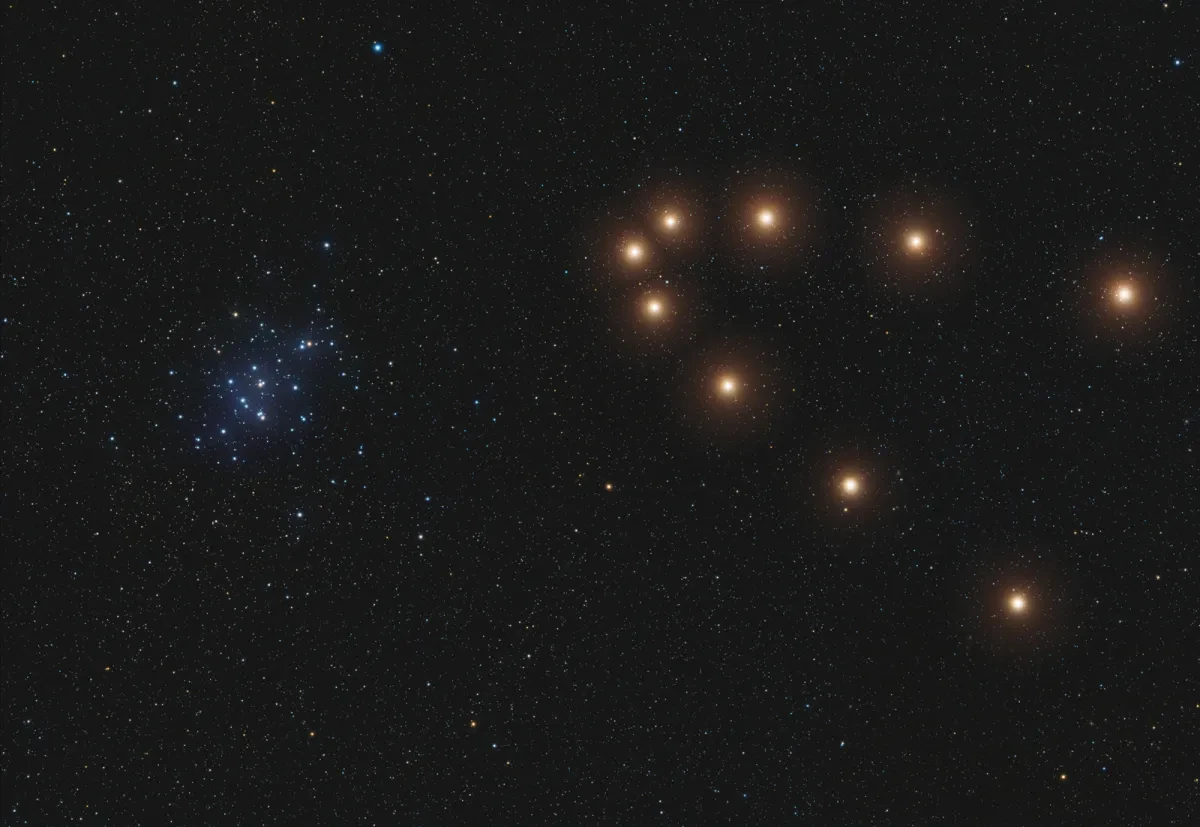 A sequence of captures of Mars showing it moving in an arc near a cluster of blue stars.