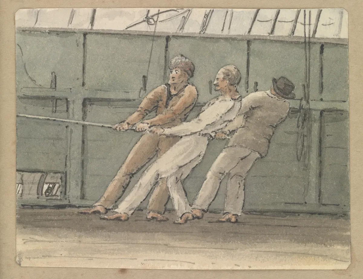 Deck scene with three men hauling on a rope