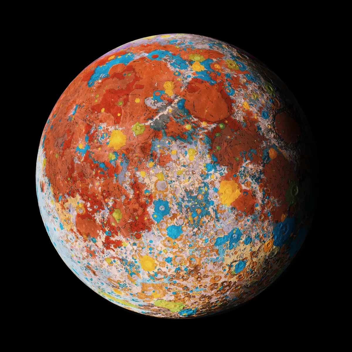 Full Moon rendered in orange and blue to show the craters, ridges and lava flows on its surface