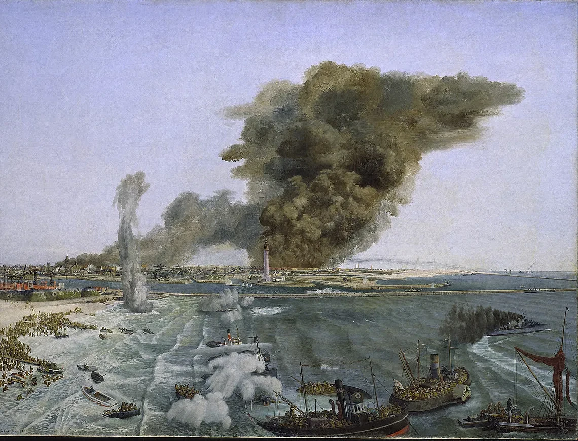 The painting shows the evacuation occurring amidst the heavy bombardment in Dunkirk Harbour.